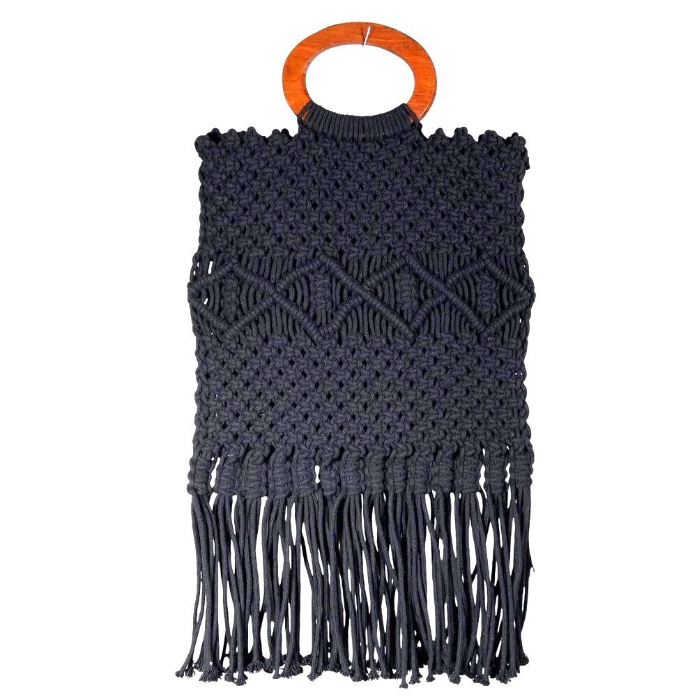 Danielle Nicole Macrame Handbag Women Cotton Black Boho Wood Ring‎ Handle Cross